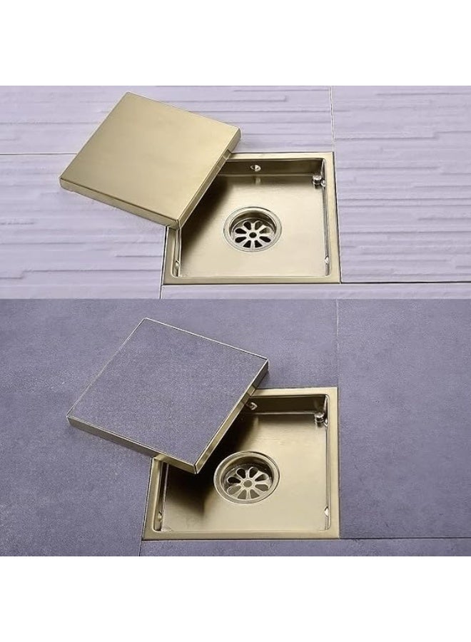 المفتاحة فتحة تصريف أرضية مربعة الشكل مقاس 6 بوصات، غطاء شبكي مخفي يُركّب داخل البلاط، بلمسة نهائية ذهبية مصقولة، مصنوعة من الفولاذ المقاوم للصدأ SUS 304، قابلة للإزالة ومقاومة للصدأ، مناسبة للحمامات أو غرف الاستحمام الرطبة. - Image 4